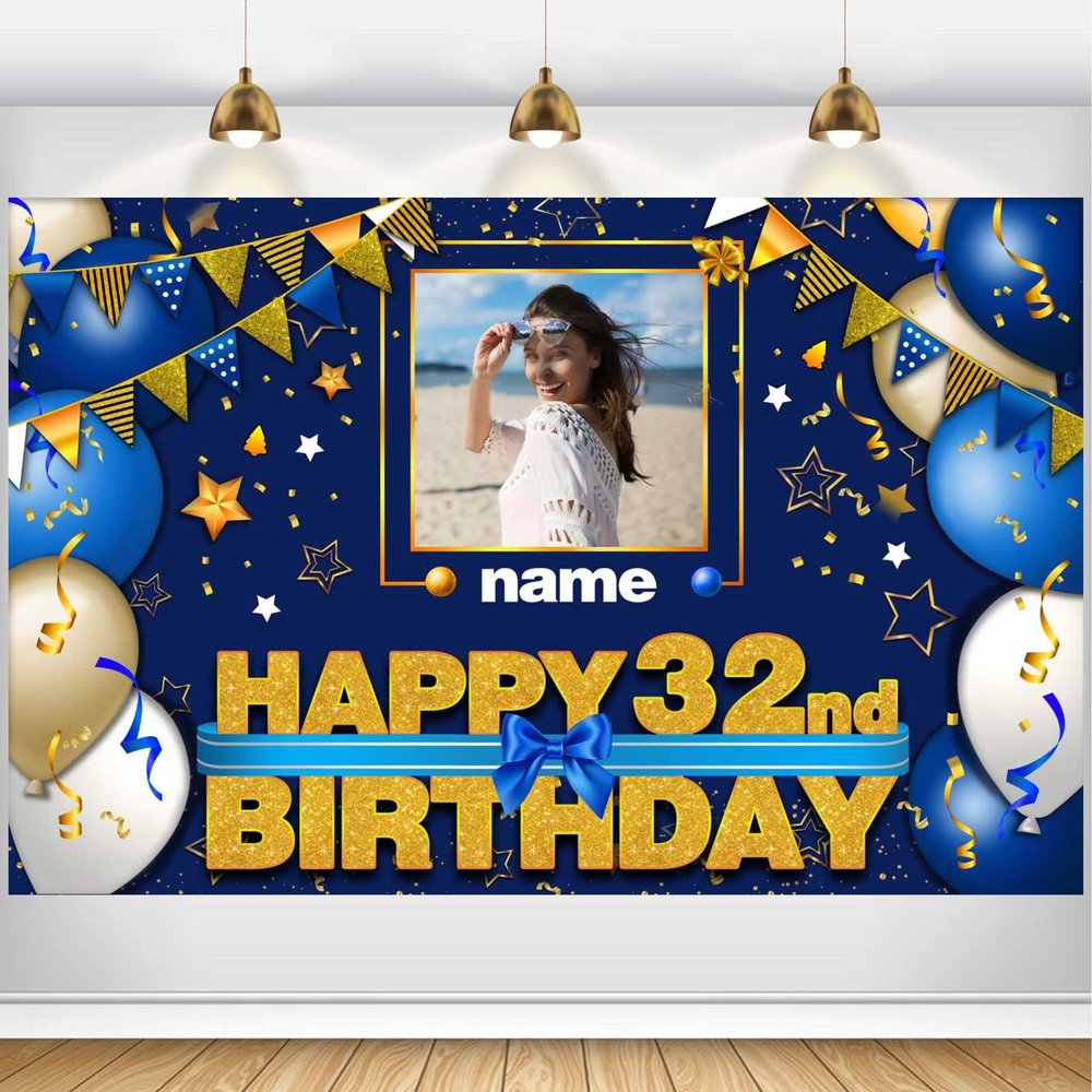 AUBAO Custom Happy 32nd Birthday Decorations Banner - 32 Years Old Backdrop for Women Men Boys Girls - Personalization Party Supplies - Navy Blue, 4x6ft/5x7.5ft/6x9ft/7x10.5ft/8x12ft