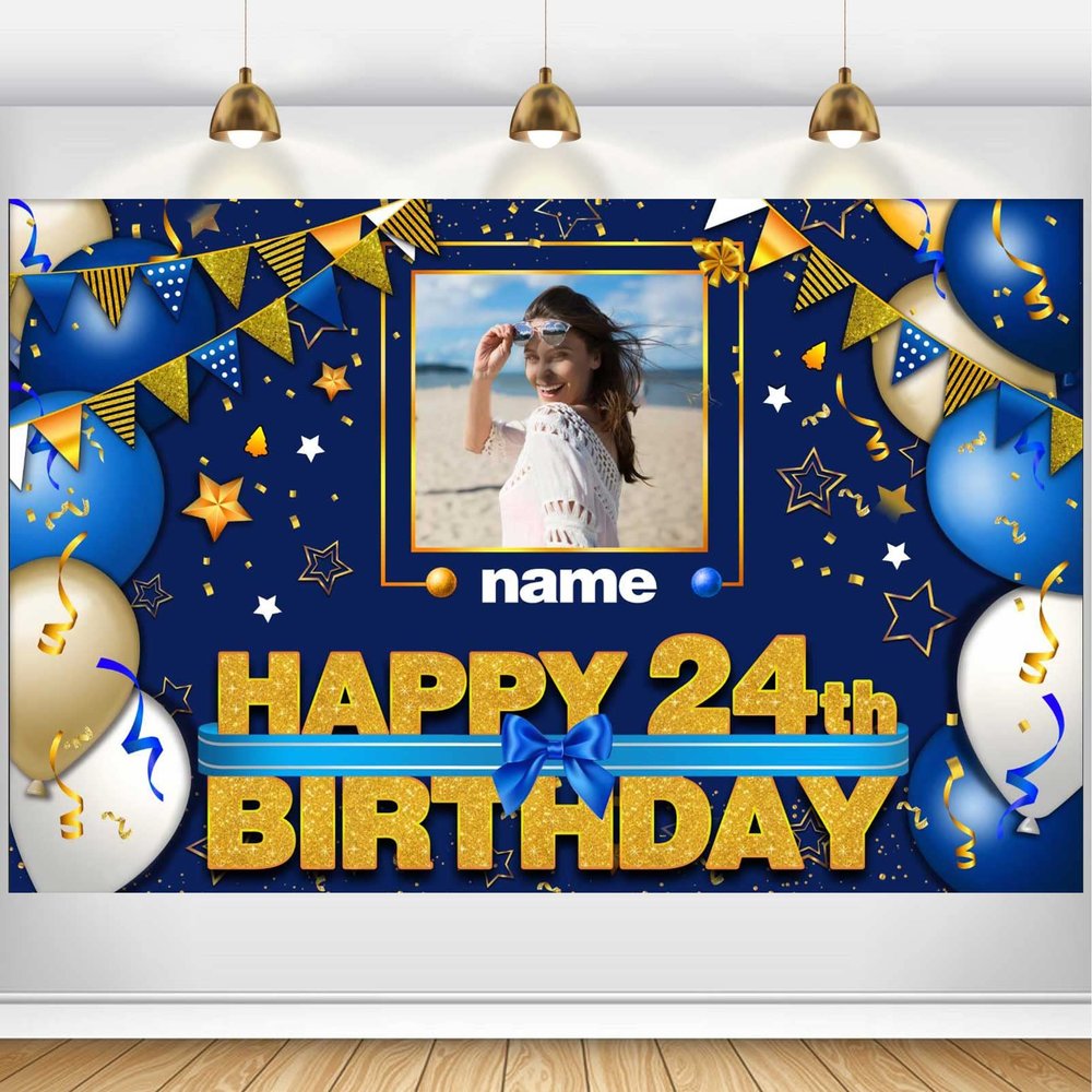 Custom Happy 24th Birthday Decorations Banner - 24 Years Old Birthday Decorations Backdrop for Women Men Boys Girls - Personalization Happy 24th Birthday Party Decorations Supplies - Navy Blue