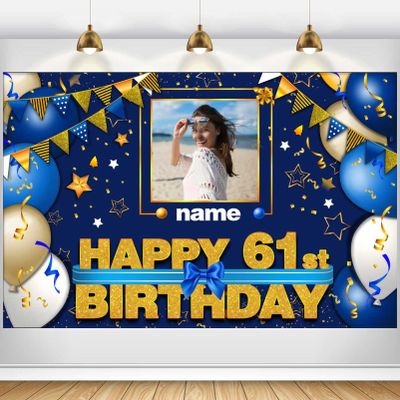 AUBAO Custom Happy 61st Birthday Decorations Banner - 61 Years Old Backdrop for Women Men Boys Girls - Personalization Party Supplies - Navy Blue, 4x6ft/5x7.5ft/6x9ft/7x10.5ft/8x12ft