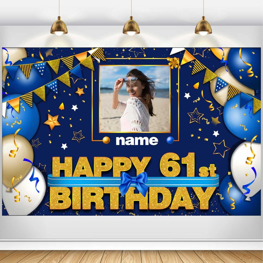AUBAO Custom Happy 61st Birthday Decorations Banner - 61 Years Old Backdrop for Women Men Boys Girls - Personalization Party Supplies - Navy Blue, 4x6ft/5x7.5ft/6x9ft/7x10.5ft/8x12ft