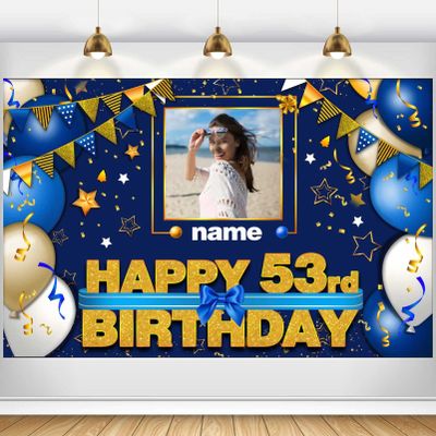 AUBAO Custom Happy 53rd Birthday Decorations Banner - 53 Years Old Backdrop for Women Men Boys Girls Personalization Party Supplies Navy Blue