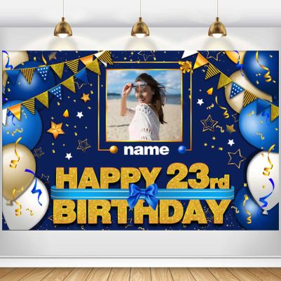 AUBAO Custom Happy 23rd Birthday Decorations Banner - 23 Years Old Birthday Decorations Backdrop for Women Men Boys Girls - Personalization Happy 23rd Birthday Party Decorations Supplies - Navy Blue