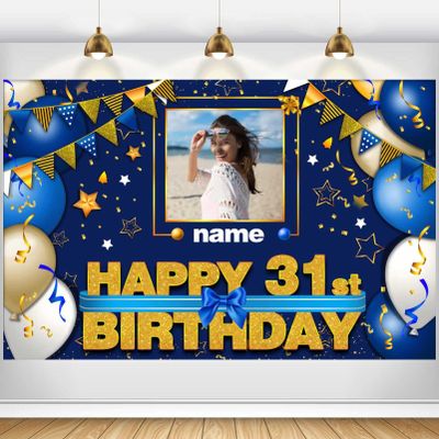 Custom Happy 31st Birthday Decorations Banner - 31 Years Old Birthday Decorations Backdrop for Women Men Boys Girls - Personalization Happy 31st Birthday Party Decorations Supplies - Navy Blue