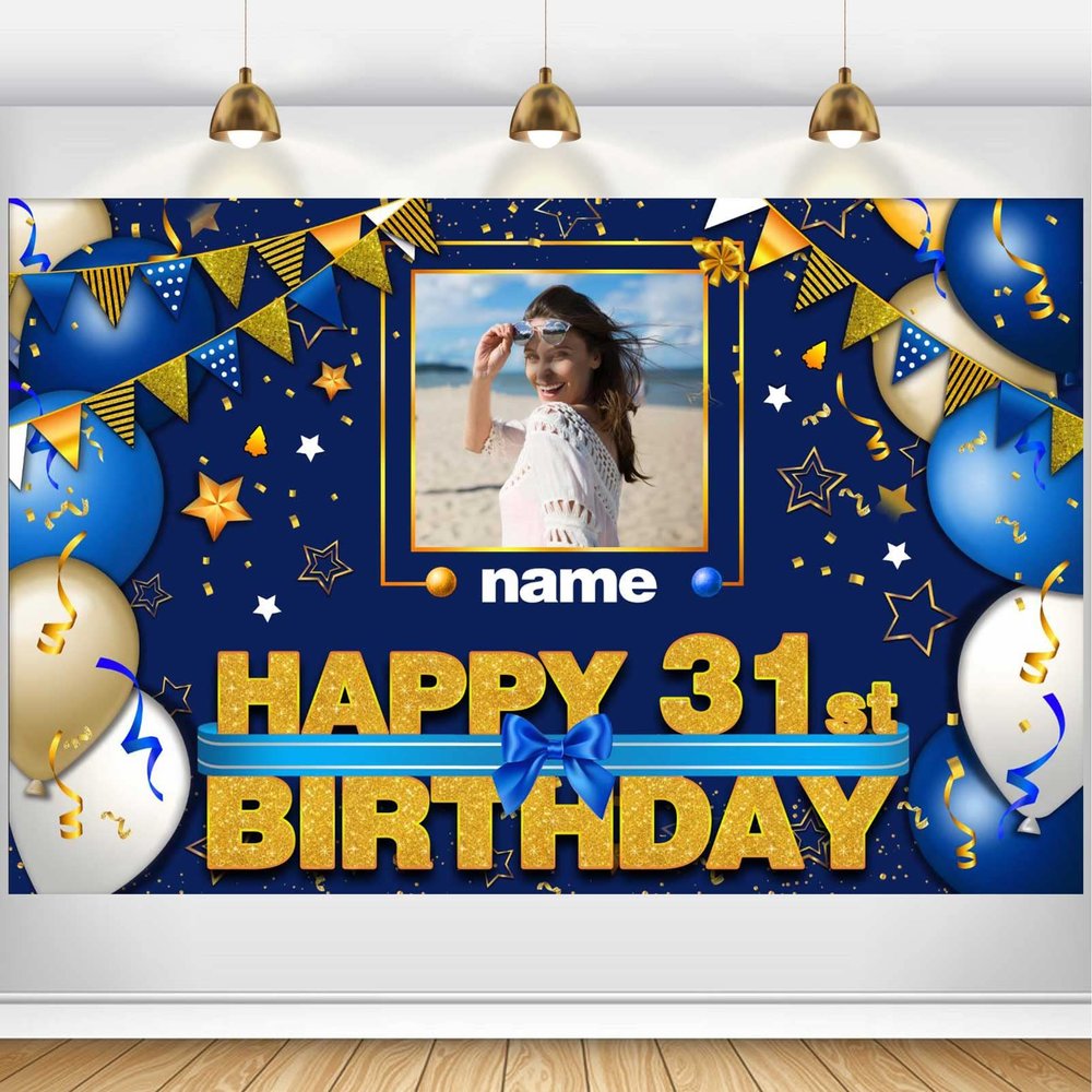 Custom Happy 31st Birthday Decorations Banner - 31 Years Old Birthday Decorations Backdrop for Women Men Boys Girls - Personalization Happy 31st Birthday Party Decorations Supplies - Navy Blue