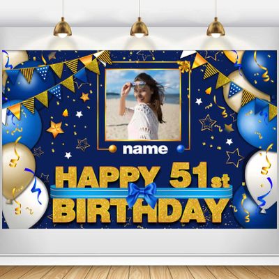 AUBAO Custom Happy 51st Birthday Decorations Banner - 51 Years Old Backdrop for Women Men Boys Girls Personalization Party Supplies Navy Blue, 4x6ft/5x7.5ft/6x9ft/7x10.5ft/8x12ft