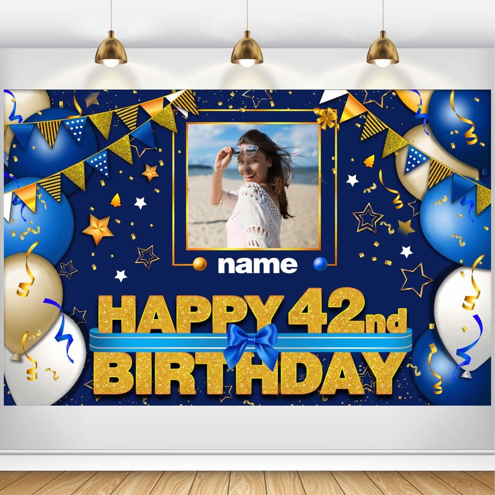AUBAO Custom Happy 42nd Birthday Decorations Banner - 42 Years Old Backdrop for Women Men Boys Girls Personalization Party Supplies Navy Blue, 4x6ft/5x7.5ft/6x9ft/7x10.5ft/8x12ft