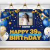 Custom Happy 39th Birthday Decorations Banner - 39 Years Old Birthday Decorations Backdrop for Women Men Boys Girls - Personalization Happy 39th Birthday Party Decorations Supplies - Navy Blue view 1