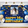 Custom Happy 14th Birthday Decorations Banner - 14 Years Old Birthday Decorations Backdrop for Women Men Boys Girls - Personalization Happy 14th Birthday Party Decorations Supplies - Navy Blue view 1
