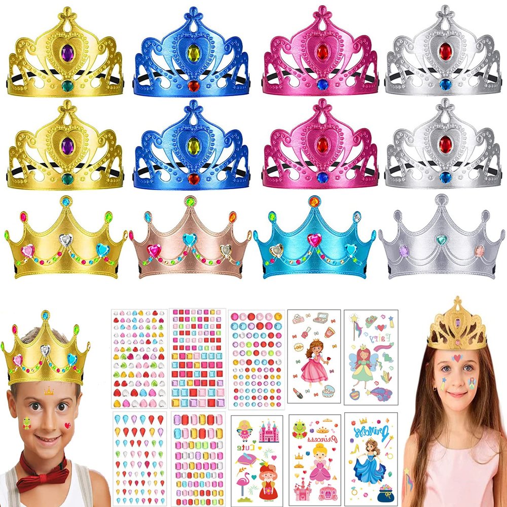 Yrmysrx 22 Pcs Foam Princess Tiaras Crowns with Gem Diamond Stickers and Temporary Tattoos for DIY Your Own Princess Queen Tiaras Prince King Crowns Kids Birthday Party Hats