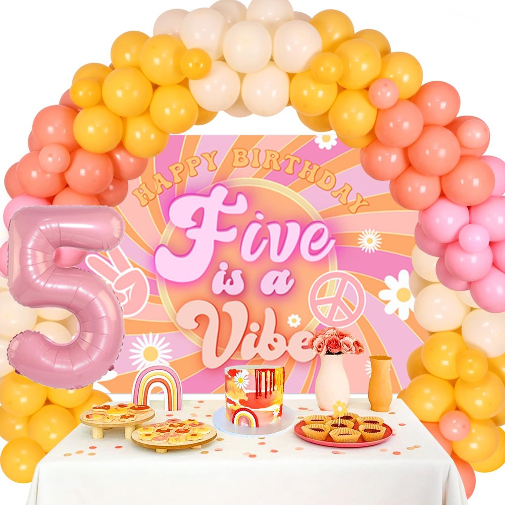 Cheereveal Five is a Vibe Birthday Party Decorations, Groovy 5th Birthday Balloon Arch Garland Kit - Banner Number 5 Foil Balloon for Girls Hippie Retro Disco Groovy 5 Years Old Birthday