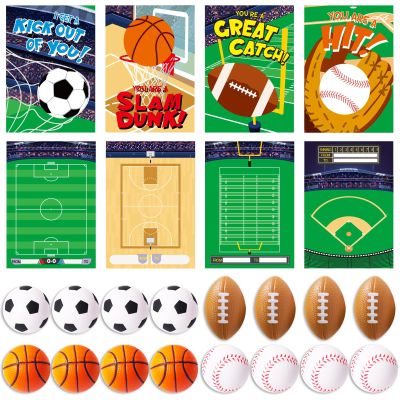 36 Sets Valentines Day Sports Gift Card for Kids with Stress Balls Mini Squeeze Foam Soccer Basketball Baseball Football Stress Relief Balls Toys Bulk for Classroom Exchange, Valentine Party Favors