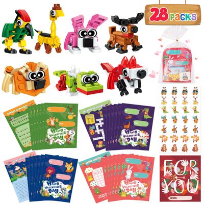 Colplay Valentines Day Gifts for Kids Classroom-28 Pack Animal Building Blocks with Kids Valentines Day Cards for School & Stickers, Class Valentines Gifts Boxes for Boys Girls Party Favors Exchange