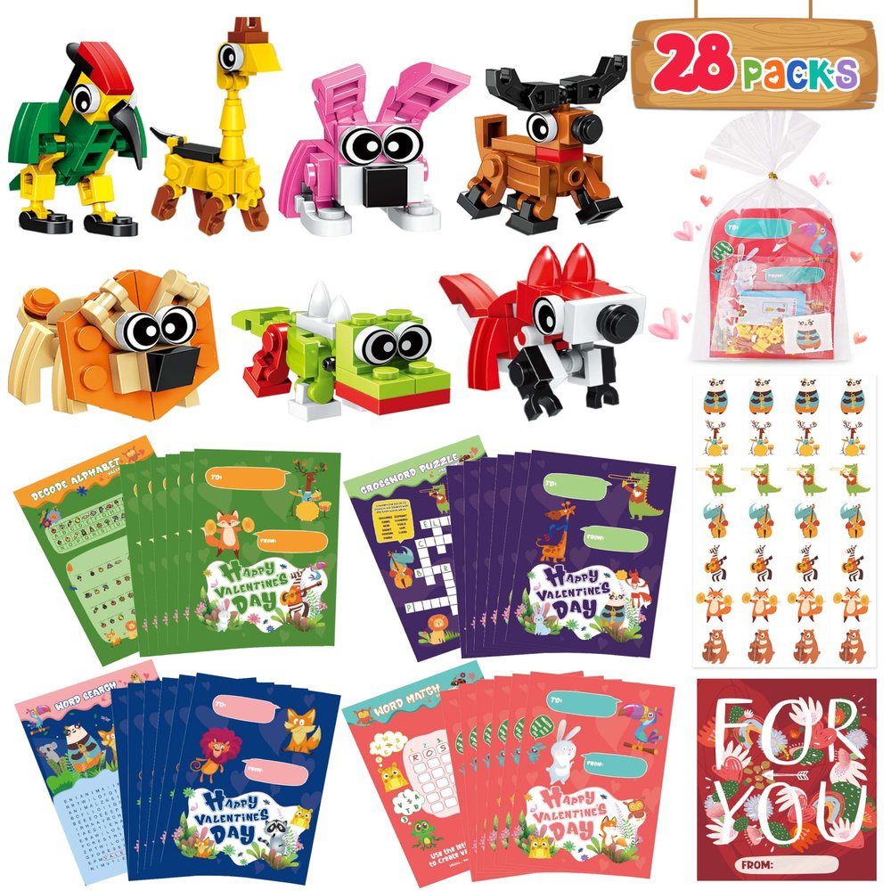 Colplay Valentines Day Gifts for Kids Classroom-28 Pack Animal Building Blocks with Kids Valentines Day Cards for School & Stickers, Class Valentines Gifts Boxes for Boys Girls Party Favors Exchange