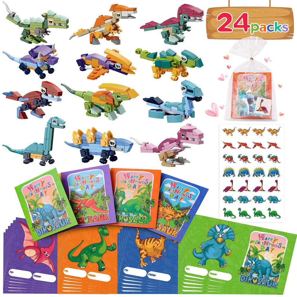 Colplay 24 Packs Valentines Day Gifts for Kids Classroom-Dinosaur Building Blocks with Valentines Day Cards for Kids School & Stickers, Exchange Valentines Party Favors Boxes for Boys Girls