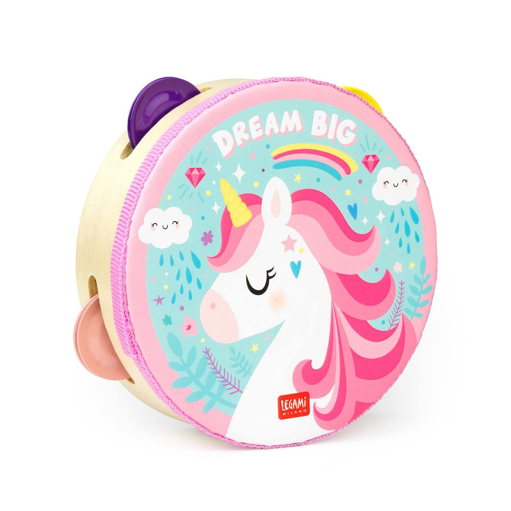 Legami - Tambourine, for Children, with 4 Rattles, improves coordination, motor skills, sense of rhythm, 14.5 cm, Unicorn theme