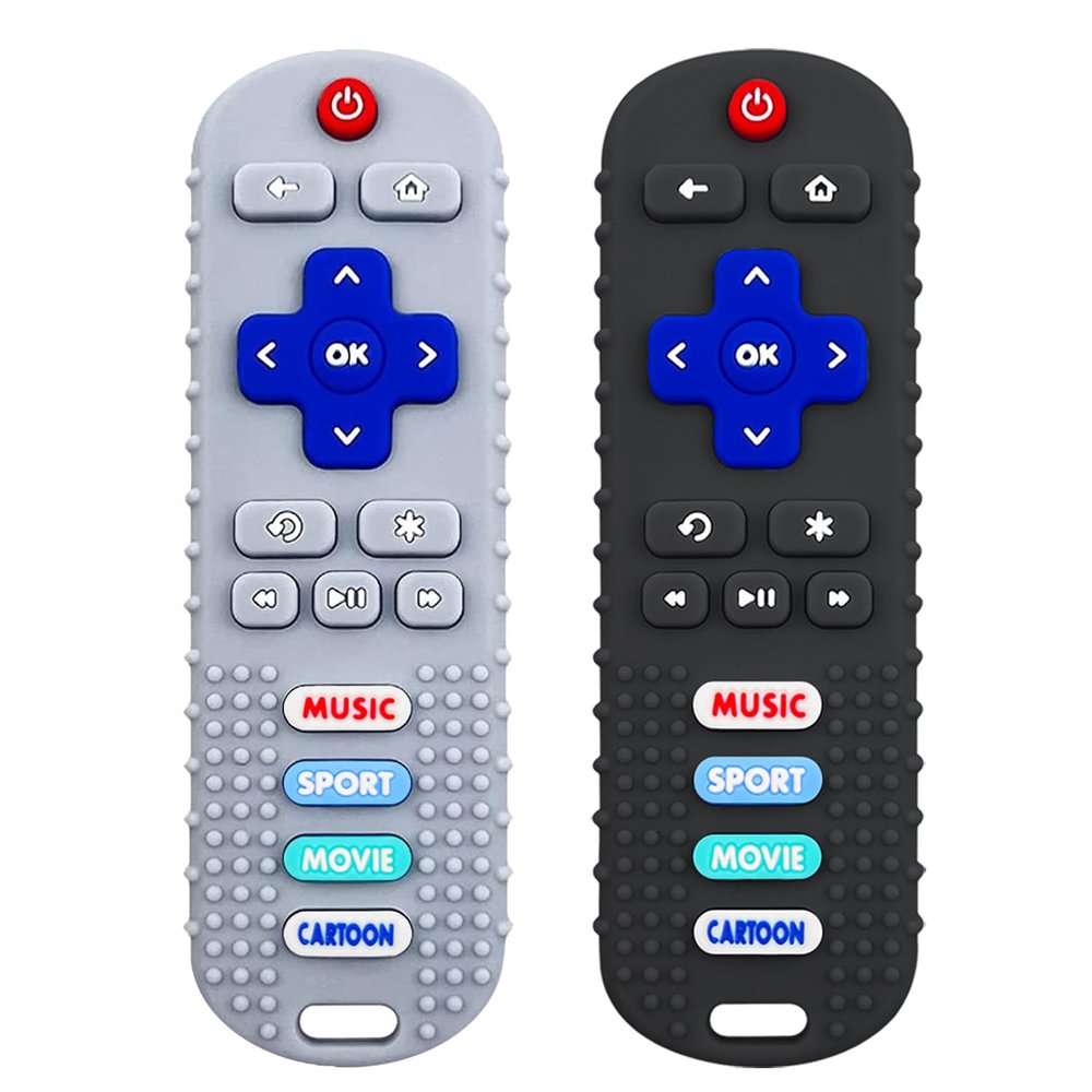 2-Pack Baby Remote Control Teether Toy for Babies 0-18 Months Silicone Infant Teething Toys Boys Girls Infants Teething Toys (Black + Gray)