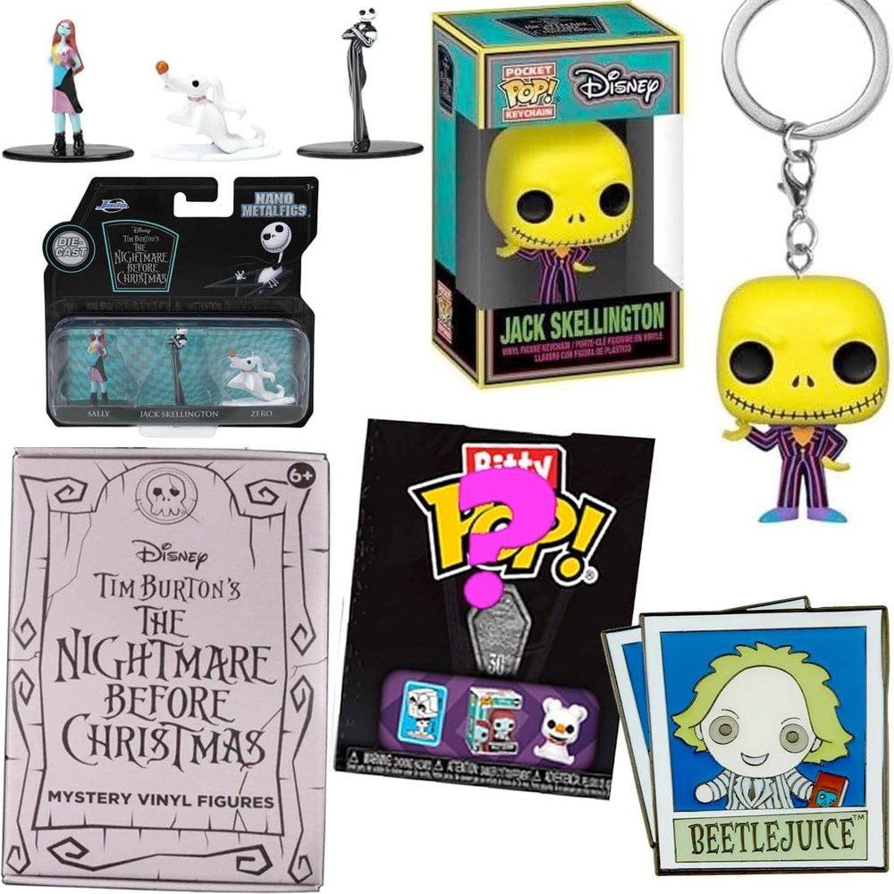 All Hail Jack Nightmare Before Christmas Figure & Bitty Pop! + Blind Box Mini + Skellington Blacklight NBX Master of Fright Hanger + Sally & Zero + Beetlejuice