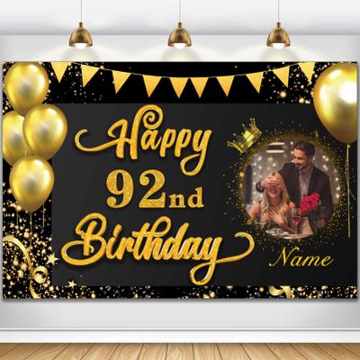 AUBAO Custom Happy 92nd Birthday Decorations Banner -92 Years Old Backdrop for Women Men Boys Girls - Personalization Party Supplies Black and Gold, 4x6ft/5x7.5ft/6x9ft/7x10.5ft/8x12ft