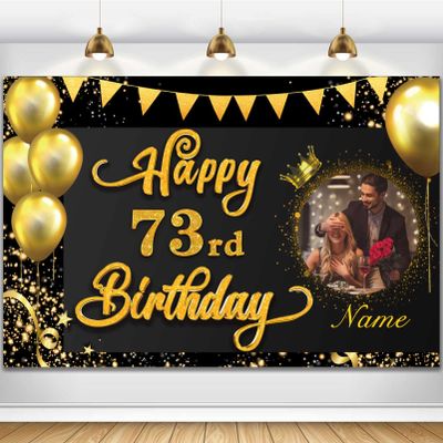 AUBAO Custom Happy 73rd Birthday Decorations Banner -73 Years Old Backdrop for Women Men Boys Girls - Personalization Party Supplies Black and Gold, 4x6ft/5x7.5ft/6x9ft/7x10.5ft/8x12ft