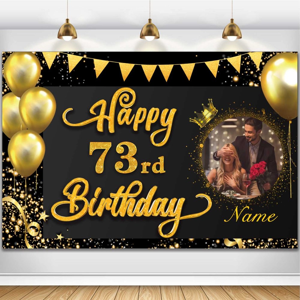 AUBAO Custom Happy 73rd Birthday Decorations Banner -73 Years Old Backdrop for Women Men Boys Girls - Personalization Party Supplies Black and Gold, 4x6ft/5x7.5ft/6x9ft/7x10.5ft/8x12ft