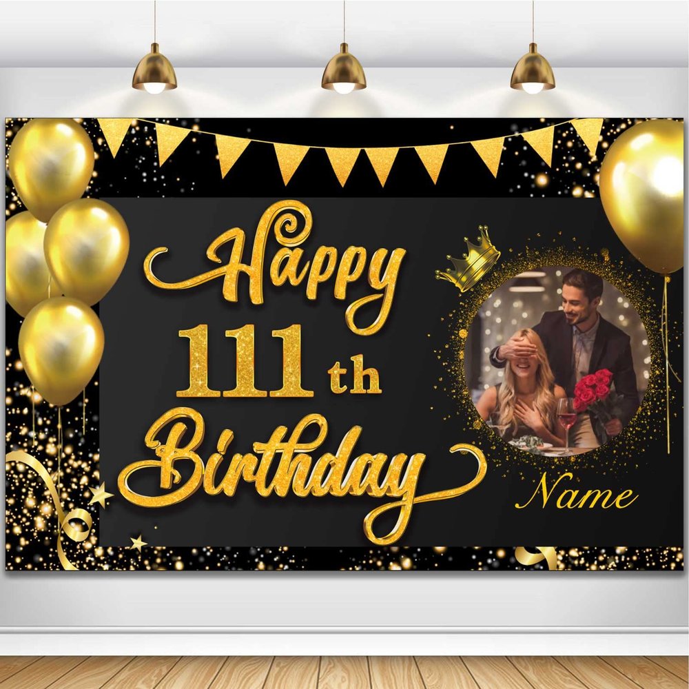 AUBAO Custom Happy 111th Birthday Decorations Banner -111 Years Old Backdrop for Women Men Boys Girls - Personalization Party Supplies Black and Gold, Black Gold-111st