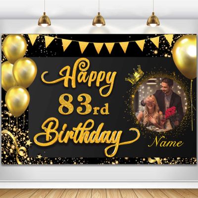 AUBAO Custom Happy 83rd Birthday Decorations Banner -83 Years Old Backdrop for Women Men Boys Girls - Personalization Party Supplies - Black and Gold, 4x6ft/5x7.5ft/6x9ft/7x10.5ft/8x12ft