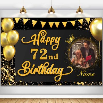 AUBAO Custom Happy 72nd Birthday Decorations Banner -72 Years Old Backdrop Men Boys Girls - Personalization Party Supplies Black and Gold, 4x6ft/5x7.5ft/6x9ft/7x10.5ft/8x12ft