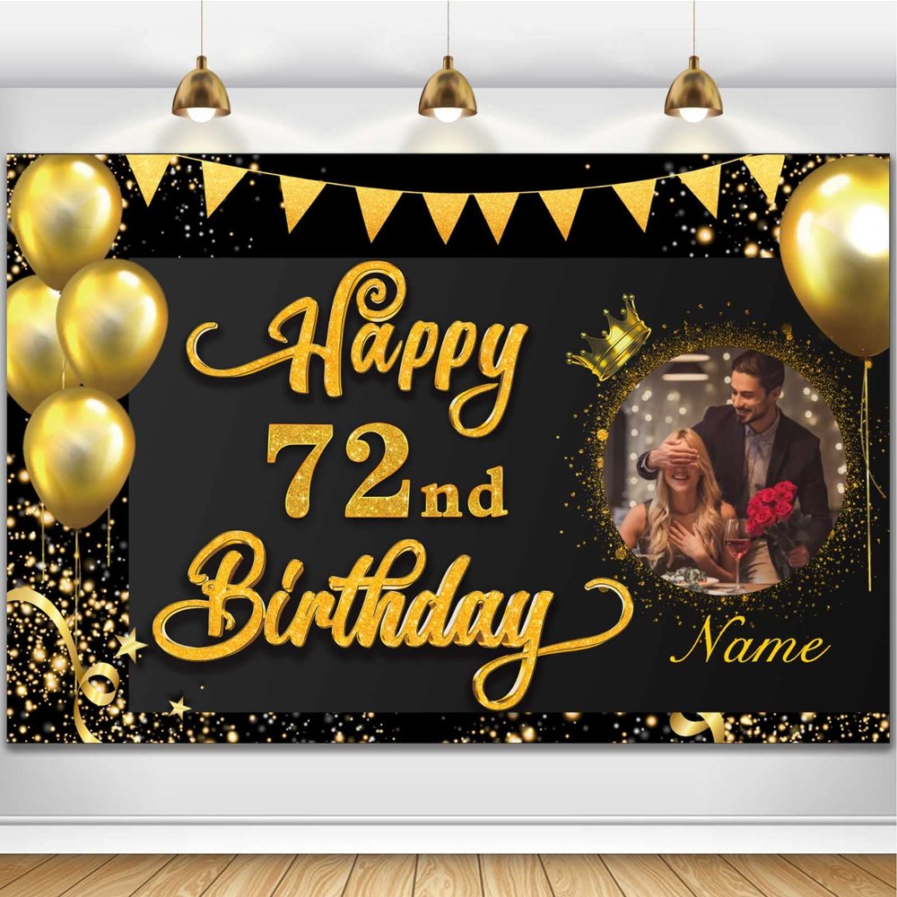 AUBAO Custom Happy 72nd Birthday Decorations Banner -72 Years Old Backdrop Men Boys Girls - Personalization Party Supplies Black and Gold, 4x6ft/5x7.5ft/6x9ft/7x10.5ft/8x12ft