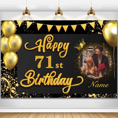 AUBAO Custom Happy 71st Birthday Decorations Banner -71 Years Old Backdrop for Women Men Boys Girls - Personalization Party Supplies - Black and Gold, 4x6ft/5x7.5ft/6x9ft/7x10.5ft/8x12ft