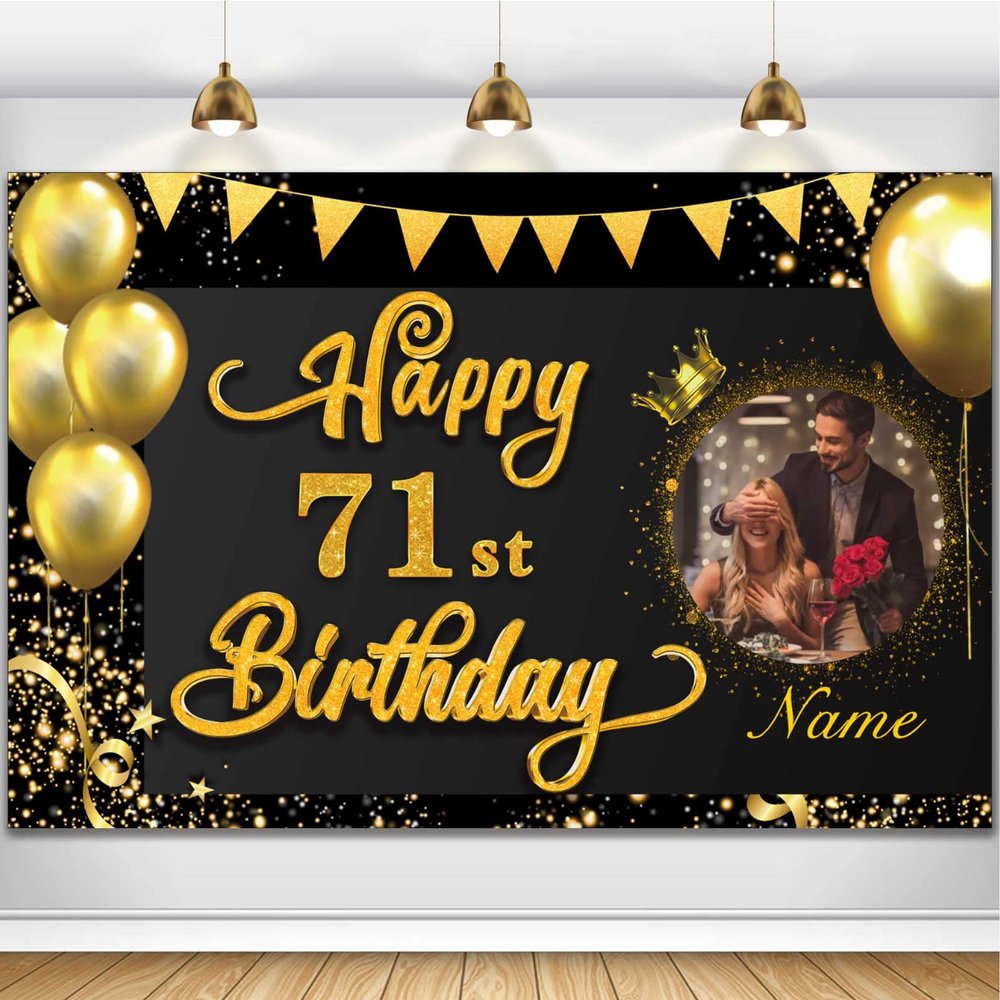 AUBAO Custom Happy 71st Birthday Decorations Banner -71 Years Old Backdrop for Women Men Boys Girls - Personalization Party Supplies - Black and Gold, 4x6ft/5x7.5ft/6x9ft/7x10.5ft/8x12ft
