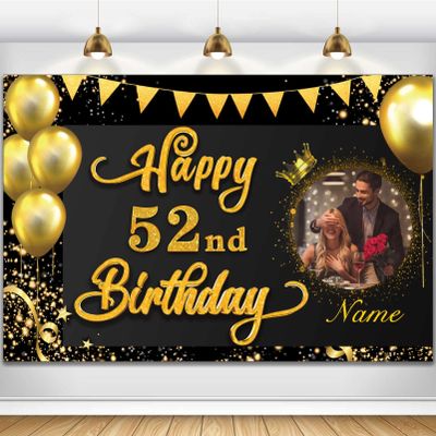 AUBAO Happy 52nd Birthday Decorations Banner - Personalized Black Gold Polyester Banner for Women Men Boys Girls - 5 Size Options