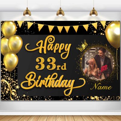 AUBAO Custom Happy 33rd Bday Decors Banner -33 Years Old Backdrop for Women Men Boys Girls - Personalization Party Supplies Black and Gold 4x6ft/5x7.5ft/6x9ft/7x10.5ft/8x12ft