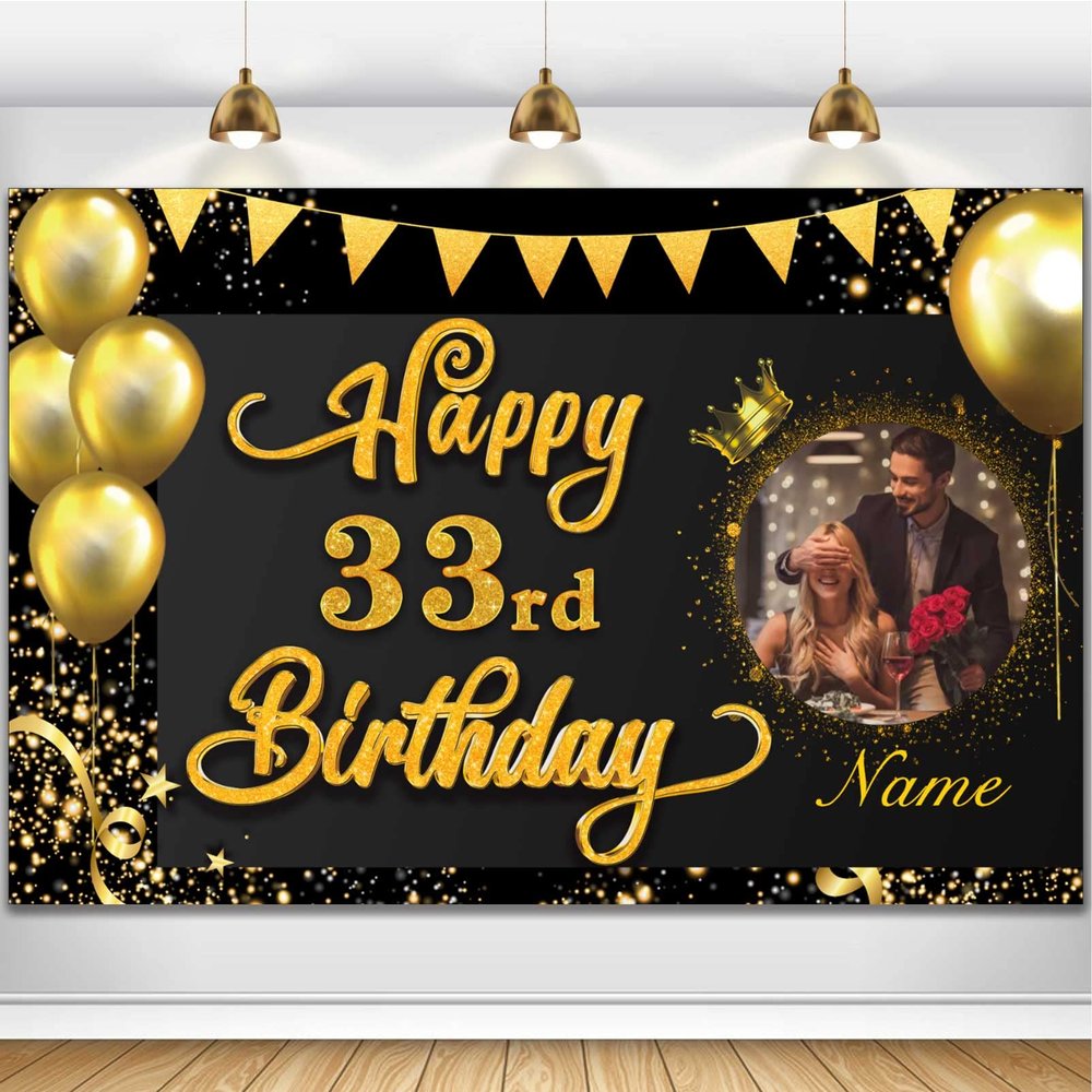 AUBAO Custom Happy 33rd Bday Decors Banner -33 Years Old Backdrop for Women Men Boys Girls - Personalization Party Supplies Black and Gold 4x6ft/5x7.5ft/6x9ft/7x10.5ft/8x12ft