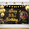 AUBAO Custom Happy 33rd Bday Decors Banner -33 Years Old Backdrop for Women Men Boys Girls - Personalization Party Supplies Black and Gold 4x6ft/5x7.5ft/6x9ft/7x10.5ft/8x12ft view 1