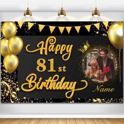 AUBAO Custom Happy 81st Birthday Decorations Banner -81 Years Old Backdrop for Women Men Boys Girls - Personalization Party Supplies Black and Gold 4x6ft/5x7.5ft/6x9ft/7x10.5ft/8x12ft