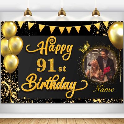 AUBAO Custom Happy 91st Bday Decors Banner -91 Years Old Backdrop for Women Men Boys Girls - Personalization Party Supplies Black and Gold 4x6ft/5x7.5ft/6x9ft/7x10.5ft/8x12ft