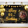 AUBAO Custom Happy 91st Bday Decors Banner -91 Years Old Backdrop for Women Men Boys Girls - Personalization Party Supplies Black and Gold 4x6ft/5x7.5ft/6x9ft/7x10.5ft/8x12ft view 1