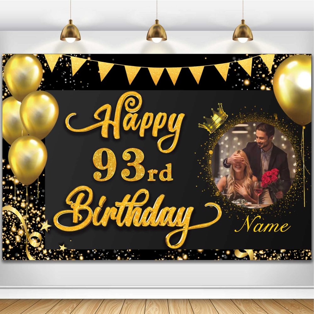 AUBAO Custom Happy 93rd Birthday Decorations Banner -93 Years Old Backdrop for Women Men Boys Girls - Personalization Party Supplies Black & Gold, 4x6ft/5x7.5ft/6x9ft/7x10.5ft/8x12ft