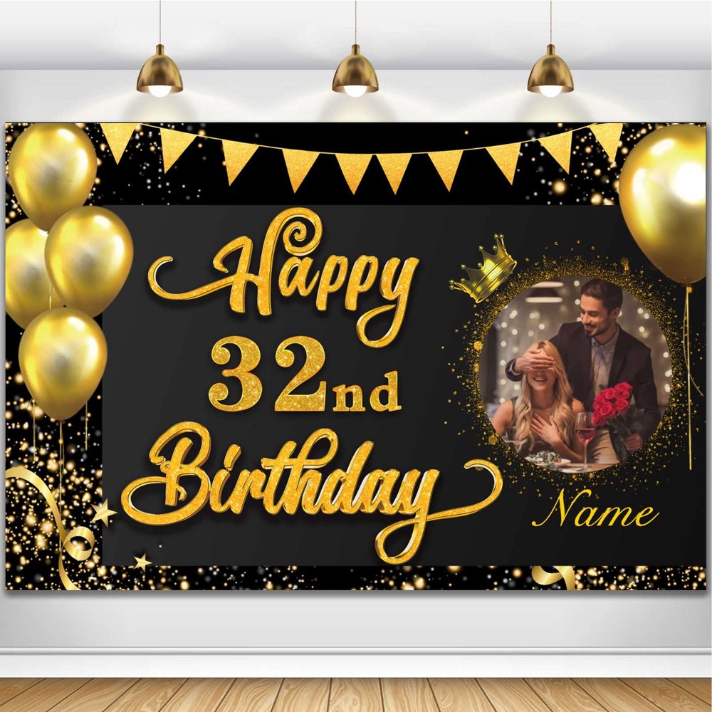 AUBAO Custom Happy 32nd Birthday Decorations Banner -32 Years Old Backdrop for Women Men Boys Girls - Personalization Party Supplies - Black and Gold, 4x6ft/5x7.5ft/6x9ft/7x10.5ft/8x12ft