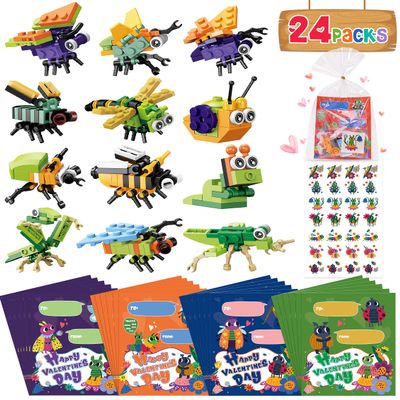 Colplay 24 Pack Valentines Day Gifts - Insect Building Blocks with Valentines Cards, Stickers, Class Gifts Exchange, Party Favors for Boys & Girls