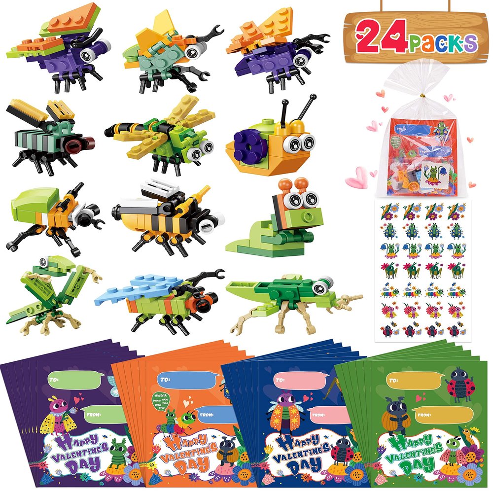 Colplay 24 Pack Valentines Day Gifts - Insect Building Blocks with Valentines Cards, Stickers, Class Gifts Exchange, Party Favors for Boys & Girls