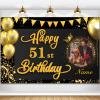 AUBAO Happy 51st Birthday Decorations Banner - Personalized Black Gold Polyester Fabric for Women Men - 30 ft Rope Included view 1