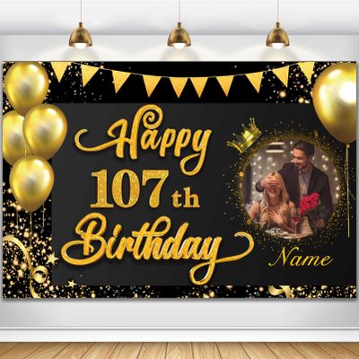 AUBAO Custom Happy 107th Birthday Decorations Banner -107 Years Old Backdrop for Women Men Boys Girls - Personalization Party Supplies Black and Gold