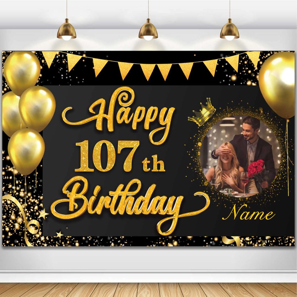 AUBAO Custom Happy 107th Birthday Decorations Banner -107 Years Old Backdrop for Women Men Boys Girls - Personalization Party Supplies Black and Gold