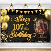 AUBAO Custom Happy 107th Birthday Decorations Banner -107 Years Old Backdrop for Women Men Boys Girls - Personalization Party Supplies Black and Gold view 1