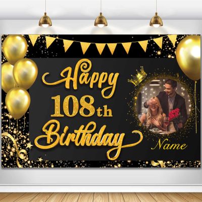 AUBAO Custom Happy 108th Birthday Decorations Banner -108 Years Old Birthday Decorations Backdrop Women Men Boys Girls - Personalization Happy 108th Birthday Party Decorations Supplies - Black Gold