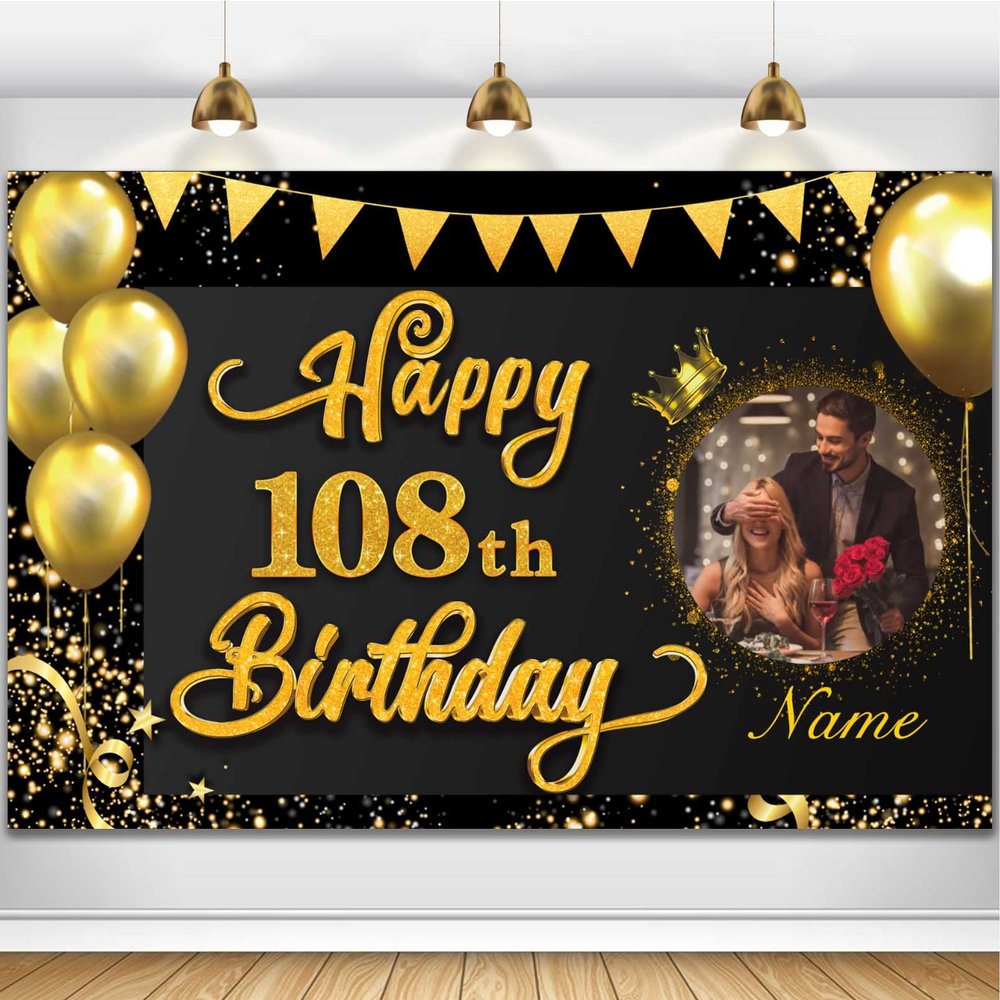 AUBAO Custom Happy 108th Birthday Decorations Banner -108 Years Old Birthday Decorations Backdrop Women Men Boys Girls - Personalization Happy 108th Birthday Party Decorations Supplies - Black Gold