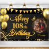AUBAO Custom Happy 108th Birthday Decorations Banner -108 Years Old Birthday Decorations Backdrop Women Men Boys Girls - Personalization Happy 108th Birthday Party Decorations Supplies - Black Gold view 1