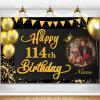 AUBAO Custom Happy 114th Bday Decors Banner -114 Years Old Bday Decors Backdrop for Women Men Boys Girls - Personalization Happy 114th Bday Party Decors Supplies - Black and Gold view 1