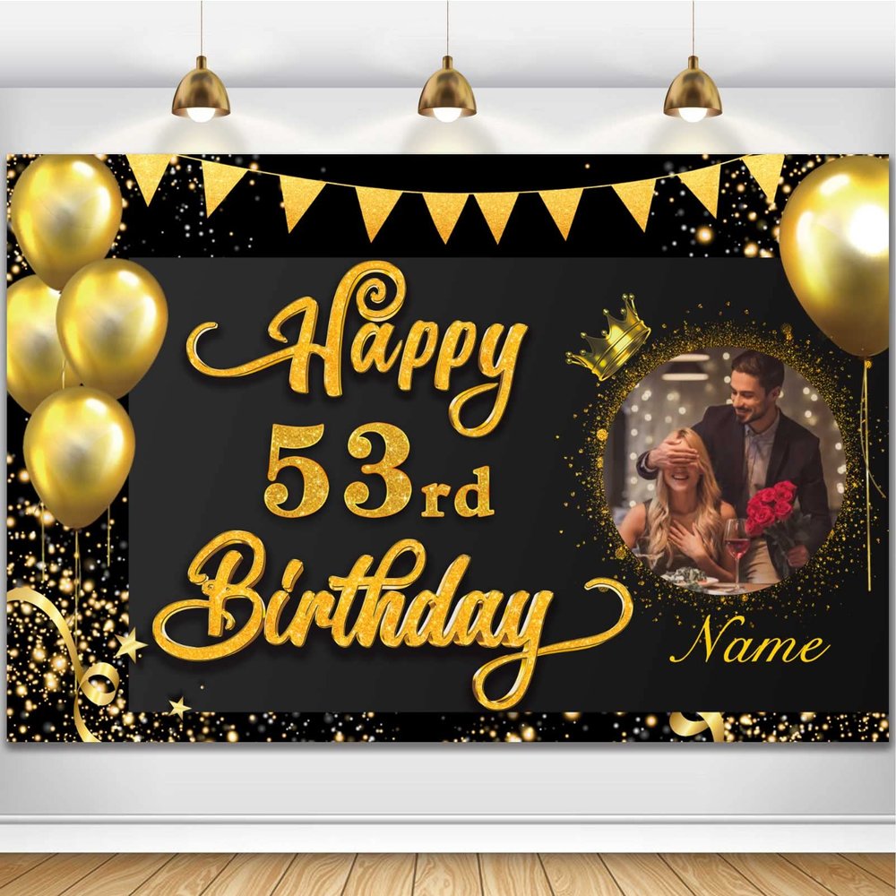 AUBAO Custom Happy 53rd Birthday Decor Banner - Black Gold, 4x6ft-8x12ft, Personalized, Waterproof, Polyester Fabric, Rectangular, Unisex, Birthday Party